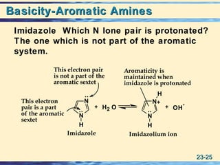 23-23-2525
Basicity-Aromatic AminesBasicity-Aromatic Amines
Imidazole Which N lone pair is protonated?
The one which is not part of the aromatic
system.
This electron pair
is not a part of the
aromatic sextet
This electron
pair is a part
of the aromatic
sextet
+ +
Aromaticity is
maintained when
imidazole is protonated
+
Imidazole Imidazolium ion
N
N
H
H
N
N
H
H2 O OH
-
:
:
:
 