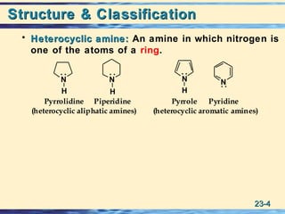 23-23-44
Structure & ClassificationStructure & Classification
• Heterocyclic amine:Heterocyclic amine: An amine in which nitrogen is
one of the atoms of a ring.
PyrrolePiperidinePyrrolidine Pyridine
(heterocyclic aliphatic amines) (heterocyclic aromatic amines)
NN N
H H
N
H
 