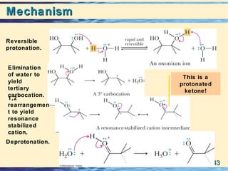 23-23-4343
MechanismMechanism
Reversible
protonation.
Elimination
of water to
yield
tertiary
carbocation.
1,2
rearrangemen
t to yield
resonance
stabilized
cation.
Deprotonation.
This is a
protonated
ketone!
 