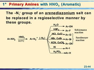 23-23-4444
1°1° Primary AminesPrimary Amines with HNOwith HNO22 (Aromatic)(Aromatic)
The -N2
+
group of an arenediazonium salt can
be replaced in a regioselective manner by
these groups.
Ar-NH2
HNO2
Ar-N2
+ (-N2)
HCl, CuCl
H2O
HBF4
HBr, CuBr
KCN, CuCN
KI
H3PO2
Ar-I
Ar-F
Ar-H
Ar-Cl
Ar-Br
Ar-CN
Ar-OH
Schiemann
reaction
Sandmeyer
reaction0-5°C
 