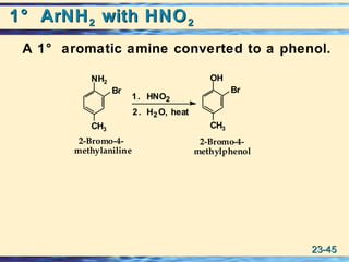 23-23-4545
1° ArNH1° ArNH22 with HNOwith HNO22
A 1° aromatic amine converted to a phenol.
2-Bromo-4-
methylaniline
2-Bromo-4-
methylphenol
1. HNO2
2. H2O, heat
NH2
Br
CH3
OH
Br
CH3
 