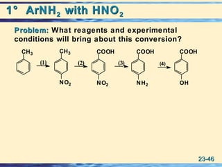 23-23-4646
1° ArNH1° ArNH22 with HNOwith HNO22
Problem:Problem: What reagents and experimental
conditions will bring about this conversion?
(1) (2) (3) (4)
CH3 CH3
NO2
COOH
NO2
COOH
NH2
COOH
OH
 