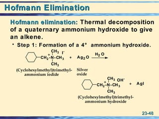 23-23-4848
Hofmann EliminationHofmann Elimination
Hofmann elimination:Hofmann elimination: Thermal decomposition
of a quaternary ammonium hydroxide to give
an alkene.
• Step 1: Formation of a 4° ammonium hydroxide.
(Cyclohexylmethyl)trimethyl-
ammonium hydroxide
Silver
oxide
(Cyclohexylmethyl)trimethyl-
ammonium iodide
+
+ H2 O
Ag2 O
AgI
CH2 -N- CH3
CH3
CH3
I-
+
+
CH2 -N- CH3
CH3
CH3
OH-
 