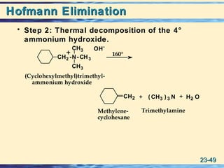 23-23-4949
Hofmann EliminationHofmann Elimination
• Step 2: Thermal decomposition of the 4°
ammonium hydroxide.
(Cyclohexylmethyl)trimethyl-
ammonium hydroxide
TrimethylamineMethylene-
cyclohexane
++CH2 ( CH3 ) 3 N H2 O
160°+
CH2 -N- CH3
CH3
CH3
OH-
 