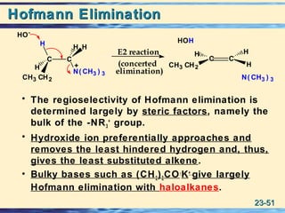 23-23-5151
Hofmann EliminationHofmann Elimination
• The regioselectivity of Hofmann elimination is
determined largely by steric factors, namely the
bulk of the -NR3
+
group.
• Hydroxide ion preferentially approaches and
removes the least hindered hydrogen and, thus,
gives the least substituted alkene.
• Bulky bases such as (CH3)3CO-
K+
give largely
Hofmann elimination with haloalkanes.
+
E2 reaction
(concerted
elimination)
C C
H
N( CH3 ) 3
H
H H
C
H
H
C
H
CH3 CH2
HO-
N( CH3 ) 3
HOH
CH3 CH2
 