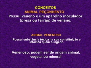 CONCEITOS
        ANIMAL PEÇONHENTO
Possui veneno e um aparelho inoculador
     (presa ou ferrão) de veneno.



              ANIMAL VENENOSO
  Possui substância tóxica na sua constituição e
            intoxica quem o ingerir.


 Venenoso: podem ser de origem animal,
          vegetal ou mineral
 