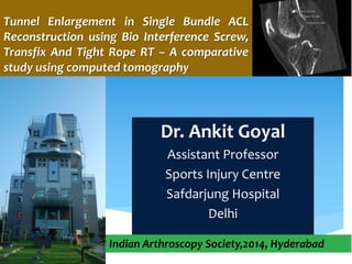 Tunnel Enlargement in Single Bundle ACL 
Reconstruction using Bio Interference Screw, 
Transfix And Tight Rope RT – A comparative 
study using computed tomography 
Dr. Ankit Goyal 
Assistant Professor 
Sports Injury Centre 
Safdarjung Hospital 
Delhi 
Indian Arthroscopy Society,2014, Hyderabad 
 