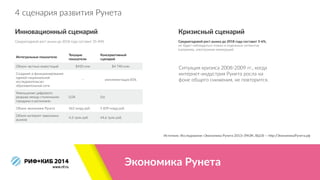 Экономика  Рунета
Источник:  Исследование  «Экономика  Рунета  2013»  (РАЭК,  ВШЭ)  —  hlp://ЭкономикаРунета.рф
4  сценария  развития  Рунета
Инновационный  сценарий  
!
Среднегодовой  рост  рынка  до  2018  года  составит  35-­‐40%
Кризисный  сценарий  
!
Среднегодовой  рост  рынка  до  2018  года  составит  3-­‐6%, 
но  будет  наблюдаться  только  в  отдельных  сегментах 
(например,  электронная  коммерция)
Интегральные  показатели
Текущие  
показатели
Консервативный  
сценарий
Объем  частных  инвестиций $450  млн $4  740  млн
Создание  и  функционирование  
единой  национальной  
исследовательско-­‐
образовательной  сети
-­‐-­‐ имплементация  85%
Уменьшение  цифрового  
разрыва  между  столичными  
городами  и  регионами
0,04 0,6
Объем  экономики  Рунета 563  млрд  руб. 5  839  млрд  руб.
Объем  интернет-­‐зависимых  
рынков
4,3  трлн  руб. 44,6  трлн  руб.
Ситуация  кризиса  2008-­‐2009  гг.,  когда  
интернет-­‐индустрия  Рунета  росла  на  
фоне  общего  снижения,  не  повторится.
 