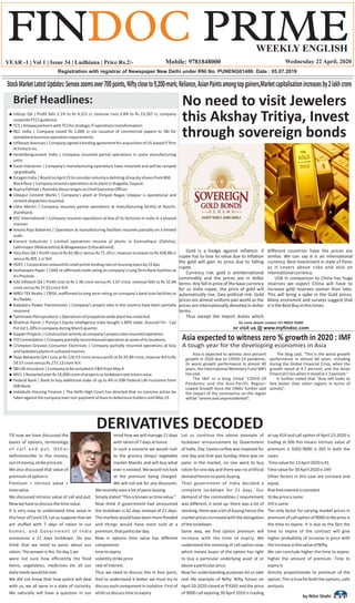 YEAR -1 | Vol 1 | Issue 34 | Ludhiana | Price Rs.2/- Wednesday 22 April, 2020
DERIVATIVES DECODED
by Nitin Shahi
Till now we have discussed the
basics of options, terminology
o f c a l l a n d p u t . O t h e r
definitionslike In the money,
outofmoney,strikepriceetc.
We also discussed that value of
premiumofoptionis
Premium = intrinsic value +
timevalue.
We discussed intrinsic value of call and put.
Nowwehavetodiscussthetimevalue.
It is very easy to understand time value in
thishourofCovid19.Letussupposethatwe
are stuffed with 7 days of ration in our
homes, and Government of India
announces a 21 days lockdown. Do you
think that we need to panic about our
ration.TheanswerisYes.Onday1we
were not sure how efficiently the food
items, vegetables, medicines etc all our
dailyneedswouldbemet.
We did not know that how police will deal
with us, we all were in a state of curiosity.
We naturally will have a question in our
mind how we will manage 21 days
withrationof7daysathome.
In such a scenario we would rush
to the grocery shops/ vegetable
market Mandis and will buy what
everisneeded.Wewouldnotlook
at the premium being charged.
We will not ask for any discounts.
Werecentlyseenalotofpanicbuying.
Simplystated“Thisisknownastimevalue.”
Now think if government had announced
the lockdown is 42 days instead of 21 days.
Themarketswouldhavebeenmoreflooded
and things would have even sold at a
premium,thatparticularday.
Now in options time value has different
components
timetoexpiry
volatilitystrikeprice
rateofinterest.
Thus we need to discuss this in four parts.
And to understand it better we must try to
discuss each component in isolation. First of
allletusdiscusstimetoexpiry.
Let us continue the above example of
lockdown announcement by Government
of India. Day 1Janta curfew was imposed for
one day and that was Sunday, there was no
panic in the market, no one went to buy
ration for one day and there was no artificial
demandhencenopanicbuying.
Than government of India decided a
complete lockdown for 21 days. Our
demand of the commodities / requirement
was different, it send up, there was a lot of
stocking,therewasalotofbuyinghencethe
market prices increased with the elongation
ofthelockdown.
Same way, we find option premium will
increase with the time of expiry. We
understand the meaning of call option now,
which means buyer of the option has right
to buy a particular underlying asset at or
aboveaparticularprice.
Now for understanding purposes let us take
real life example of Nifty. Nifty future on
April 20.2020 closed at ₹ 9265 and the price
of 9000 call expiring 30 April 2020 is trading
at say 414 and call option of April 23.2020 is
trading at 306 this means intrinsic value of
premium is 9265-9000 is 265 in both the
cases.
Timevaluefor23April2020is41
Timevaluefor30April2020is149
Other factors in this case are constant and
equal,
Riskfreeinterestisconstant
Strikepriceissame
VIXissame
The only factor for varying market prices in
premiumofcalloptionof9000strikepriceis
the time to expire. It is due to the fact the
time to expire of the contract will give
higher probability of increase in price with
theincreaseinthevalueofNifty.
We can conclude higher the time to expire,
higher the amount of premium. Time to
expiryis
directly proportionate to premium of the
option.Thisistrueforboththeoptions,calls
andputs.
Brief Headlines:
Infosys Q4 | Profit falls 3.1% to Rs 4,321 cr, revenue rises 0.8% to Rs 23,267 cr, company
suspendsFY21guidance.
TCS|AmwaypartnerswithTCSforstrategicIToperationstransformation.
NLC India | Company raised Rs 1,000 cr via issuance of commercial papers to SBI for
standalonebusinessoperationrequirements.
InfibeamAvenues|CompanysignedabindingagreementforacquisitionofUS-basedITfirm
AIFintechInc.
Heidelbergcement India | Company resumed partial operations in some manufacturing
units.
Excel Industries | Company's manufacturing operations have restarted and will be ramped
upgradually.
SicagenIndia|BoardonApril23toconsidervoluntarydelistingofequitysharesfromNSE.
BlackRose|CompanyresumesoperationsatitsplantinJhagadia,Gujarat.
AspiraPathlab|RavindraDesairesignsasChiefExecutiveOfficer.
Udaipur Cement Works | Company's plant at Shripati Nagar, Udaipur is operational and
cementdispatchesresumed.
Usha Martin | Company resumes partial operations at manufacturing facility at Ranchi,
Jharkhand.
KEC International | Company resumes operations at few of its factories in India in a phased
manner.
Amara Raja Batteries | Operation at manufacturing facilities resumes partially on a limited
scale.
Everest Industries | Limited operations resume at plants in Somnathpur (Odisha),
Lakhmapur(Maharashtra)&Bhagwanpur(Uttarakhand).
Tata Elxsi Q4 | Profit rises to Rs 82.08 cr versus Rs 71.29 cr; revenue increases to Rs 438.88 cr
versusRs405.1crYoY.
HDFC|Corporationreduceditsretailprimelendingrateonhousingloansby15bps.
Seshasayee Paper | CARE re-affirmed credit rating on company's Long Term Bank facilities at
A+/Positive.
GSS Infotech Q4 | Profit rose to Rs 1.46 crore versus Rs 1.07 crore, revenue falls to Rs 32.84
croreversusRs37.62croreYoY.
MRO-TEK Realty | CRISIL reaffirmed its long term rating on company's bank loan facilities at
B+/Stable.
Kalpataru Power Transmission | Company’s project sites in the country have been partially
resumed.
TamilnaduPetroproducts|Operationsofpropyleneoxideplanthasrestarted.
Shalimar Paints | Porinju's Equity Intelligence India bought 1.84% stake, Assured Fin - Cap
PvtLtd1.28%incompanyduringMarchquarter.
GayatriProjects|Constructionactivityatcompany'sprojectsitesresumedoperation.
ITDCementation|Companypartiallyrecommencedoperationatsomeofitslocations.
Crompton Greaves Consumer Electricals | Company partially resumed operations at Goa
andVadodaraplantsinaphasedmanner.
Tejas Networks Q4 | Loss at Rs 126.53 crore versus profit at Rs 35.89 crore, revenue fell to Rs
54.57croreversusRs273.13croreYoY.
SBILifeInsurance|CompanytobeincludedinF&OfromMay4
BPCL|RestartedoverRs14,000croreofprojectsaslockdownrestrictionsease
Federal Bank | Bank to buy additional stake of up to 4% in IDBI Federal Life Insurance from
IDBIBank.
Indiabulls Housing Finance | The Delhi High Court has directed that no coercive action be
takenagainstthecompanyovernon-paymentofduestodebentureholdersuntilMay19.
No need to visit Jewelers
this Akshay Tritiya, Invest
through sovereign bonds
for more details contact +91-98032 52000
or visit us @ www.myfindoc.com
Gold is a hedge against inflation: if
rupee has to lose its value due to inflation
the gold will gain its price due to falling
rupee.
Currency risk: gold is aninternational
commodity and the prices are in dollar
terms. Any fall in price of the base currency
for us India rupee, the price of gold will
automatically rise. Geo political risk: Gold
prices are almost uniform pan world as the
prices are internationally denoted in dollar
terms.
Thus except the import duties which
different countries have the prices are
similar. We can say it is an international
currency. Best investment in state of Panic
as it covers above risks and also an
internationalcurrency.
USA in comparison to China has huge
reserves we expect China will have to
increase gold reserves sooner than later.
This will bring a spike in the Gold prices.
Many economist and surveys suggest that
itistheBestBuyinthistimes.
Asia expected to witness zero % growth in 2020 : IMF
Asia is expected to witness zero percent
growth in 2020 due to COVID-19 pandemic,
its worst growth performance in almost 60
years, the International Monetary Fund IMF)
hassaid.
The IMF in a blog titled 'COVID-19
Pandemic and the Asia-Pacific Region:
Lowest Growth Since the 1960s' further said
the impact of the coronavirus on the region
willbe"severeandunprecedented".
The blog said, "This is the worst growth
performance in almost 60 years, including
during the Global Financial Crisis, when the
growth stood at 4.7 percent; and the Asian
FinancialCrisiswhenitstoodat1.3percent."
It further noted that "Asia still looks to
fare better than other regions in terms of
activity".
A tough year for the developing economies in Asia
StockMarketLatestUpdates:Sensexzoomsover700points,Niftycloseto9,200-mark;Reliance,AsianPaintsamongtopgainers,Marketcapitalisationincreasesby2lakhcrore
 