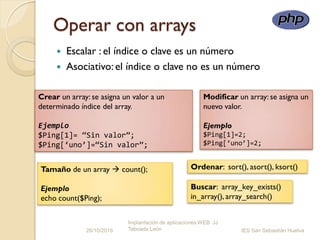 Operar con arrays
 Escalar : el índice o clave es un número
 Asociativo: el índice o clave no es un número
26/10/2016
Implantación de aplicaciones WEB JJ
Taboada León IES San Sebastián Huelva
Crear un array: se asigna un valor a un
determinado índice del array.
Ejemplo
$Ping[1]= “Sin valor”;
$Ping[‘uno’]=“Sin valor”;
Tamaño de un array  count();
Ejemplo
echo count($Ping);
Modificar un array: se asigna un
nuevo valor.
Ejemplo
$Ping[1]=2;
$Ping[‘uno’]=2;
Ordenar: sort(), asort(), ksort()
Buscar: array_key_exists()
in_array(), array_search()
 