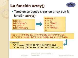 La función array()
 También se puede crear un array con la
función array().
26/10/2016
Implantación de aplicaciones WEB JJ
Taboada León IES San Sebastián Huelva
$z[0]=2;
$z[1]="Ping";
$z[2]=34.7;
$z[3]=“1Ping";
$z=array (
0 => 2,
1 => "Ping",
2 => 34.7,
3 => “1Ping",
);
$ z['a']['A']=34; $z['a']['B']=35; $z['a']['C']=36;
$z['b']['A']=134; $z['b']['B']=135; $z['b']['C']=136;
$z=array(
"a" => array ( "A" => 34, "B" => 35, "C" => 36, ),
"b" => array ( "A" => 134, "B" => 135, "C" => 136, ) );
 