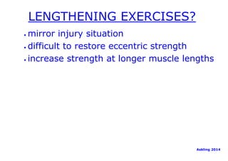 LENGTHENING EXERCISES? 
• mirror injury situation 
• difficult to restore eccentric strength 
• increase strength at longer muscle lengths 
Askling 2014 
 