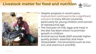 www.cgiar.org
Livestock matter for food and nutrition
• Despite progress in recent years,
malnutrition continues to be a significant
concern in many African countries,
particularly for young children and women
of reproductive age
• The inclusion of milk, eggs and meat in
the diet has been shown to promote
growth in children
• Animal source foods (ASF) provide higher
quality protein, essential, and more
‘bioavailable’, micronutrients such as iron,
zinc and vitamins A and B12).
 