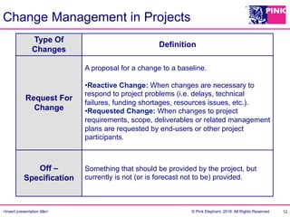 <Insert presentation title> © Pink Elephant, 2016. All Rights Reserved.
Change Management in Projects
12
Type Of
Changes
Definition
Request For
Change
A proposal for a change to a baseline.
• Reactive Change: When changes are necessary to
respond to project problems (i.e. delays, technical
failures, funding shortages, resources issues, etc.).
• Requested Change: When changes to project
requirements, scope, deliverables or related management
plans are requested by end-users or other project
participants.
Off –
Specification
Something that should be provided by the project, but
currently is not (or is forecast not to be) provided.
 