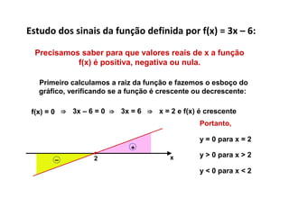 Estudo dos sinais da função definida por f(x) = 3x – 6:
Precisamos saber para que valores reais de x a função
f(x) é positiva, negativa ou nula.
f(x) = 0 ⇒ 3x – 6 = 0 ⇒ 3x = 6 ⇒ x = 2 e f(x) é crescente
Primeiro calculamos a raiz da função e fazemos o esboço do
gráfico, verificando se a função é crescente ou decrescente:
x2–
+
Portanto,
y = 0 para x = 2
y > 0 para x > 2
y < 0 para x < 2
 