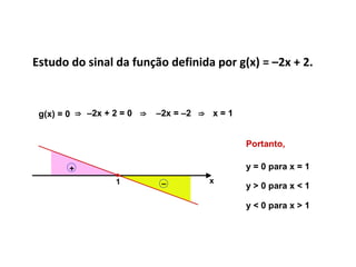 Estudo do sinal da função definida por g(x) = –2x + 2.
g(x) = 0 ⇒ –2x + 2 = 0 ⇒ –2x = –2 ⇒ x = 1
x1 –
+
Portanto,
y = 0 para x = 1
y > 0 para x < 1
y < 0 para x > 1
 