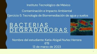 1
B A C T E R I A S
D E G R A D A D O R A S
Nombre del estudiante: Katia Abigail Nuñez Herrera
6°B
13 de marzo de 2023
Contaminación e Impacto Ambiental
Instituto Tecnológico de México
Ejercicio 5: Tecnología de Biorremediación de agua y suelos
 
