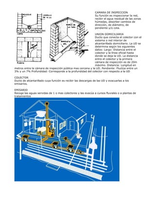 CAMARA DE INSPECCION
Su función es inspeccionar la red,
recibir el agua residual de las zonas
húmedas, absorber cambios de
dirección, de diámetro, de
pendiente y/o cota.
UNION DOMICILIARIA
Ducto que conecta el colector con el
sistema o red interior de
alcantarillado domiciliario. La UD se
determina según los siguientes
datos: Largo: Distancia entre el
colector y la línea oficial hasta
donde se deja la UD. La distancia
entre el colector y la primera
cámara de inspección es de 20m
máximo. Distancia: Longitud en
metros entre la cámara de inspección pública mas cercana y la UD. Pendiente: Fluctúa entre un
3% y un 7% Profundidad: Corresponde a la profundidad del colector con respecto a la UD
COLECTOR
Ducto de alcantarillado cuya función es recibir las descargas de las UD y evacuarlas a los
emisarios.
EMISARIO
Recoge las aguas servidas de 1 o mas colectores y las evacúa a cursos fluviales o a plantas de
tratamientos
 
