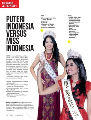 MARIA Harfanti, 23 tahun, asal Yog-
yakarta, yang terpilih sebagai Miss
Indonesia 2015, tengah bersiap-siap
menuju kontes Miss World pada
September nanti. Kepadanya, Tempo
iseng-iseng mengajukan pertanyaan
spontan seputar negeri ini. Pertanya-
an serupa kami ajukan kepada Puteri
Indonesia 2015 Anindya Kusuma
Putri, 23 tahun, yang juga beran-
cang-ancang menuju perhelatan Miss
Universe.
Pembaca, Anda boleh juga menja-
wab pertanyaan berikut ini.
1. Berapa jumlah kabupaten dan kota
di Indonesia?
2. Berasaldariprovinsimanakahlagu
daerah MaRencongRencong?
3. Sebutkan nama ibu kota Provinsi
Papua Barat?
4. Sebutkan nama lengkap pencipta
lagu IndonesiaRaya?
5. Pada abad keberapa Candi Borobu-
dur dibangun?
POKOK
&TOKOH
112 | | 12 APRIL 2015
PUTERI
INDONESIA
VERSUS
MISS
INDONESIA
Anindya Kusuma Putri merupakan wakil Provinsi
Jawa Tengah dalam pemilihan Puteri Indonesia.
Sebelum terpilih, dia juara Gadis Sampul 2008 dan
Presiden Pertukaran Mahasiswa AIESEC Universitas
Diponegoro. Dia tercatat sebagai mahasiswi Jurusan
Planologi Undip.
ANIN:
1. Duh, enggak tahu. Kalau
Jateng, aku tahu.
2. Aceh, ya?
3. Timika?
4. Duh, apa, ya? Bentar,
bentar.... Pass, deh....
5. He-he-he, enggak tahu.
MARIA:
1. Provinsi ada 34. Kota
dan kabupaten kalau
digabung jumlahnya
banyak sekali, lebih
dari 500.
2. Sulawesi Selatan.
3. Manokwari, benar
tidak?
4. Wage Rudolf
Supratman.
5. Saya kurang yakin,
kalau tidak salah
sekitar abad
kedelapan.
 