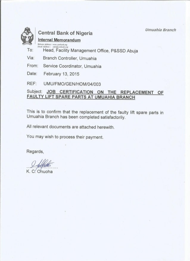 JOB PLETION CERTIFICATE ON LIFT FAULTY SPARE PARTS