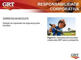 RESPONSABILIDADE
CORPORATIVA
SOBREVIVA NA BICICLETA
Doação de capacetes de segurança para
bicicleta.
Figura 5: Capacete para bicicleta
criado pela GRT para a campanha
 