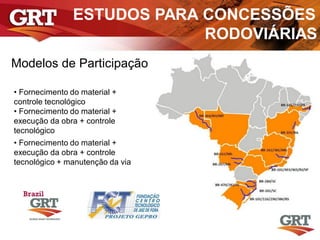 ESTUDOS PARA CONCESSÕES
RODOVIÁRIAS
Modelos de Participação
• Fornecimento do material +
controle tecnológico
• Fornecimento do material +
execução da obra + controle
tecnológico
• Fornecimento do material +
execução da obra + controle
tecnológico + manutenção da via
 