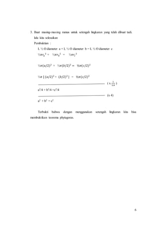 6
3. Buat masing-masing rumus untuk setengah lingkaran yang telah dibuat tadi.
lalu kita selesaikan
Pembuktian :
L ½ O diameter a + L ½ O diameter b = L ½ O diameter c
½𝜋𝑟𝑎
2
+ ½𝜋𝑟 𝑏
2
= ½𝜋𝑟𝑐
2
½𝜋(𝑎/2)2
+ ½𝜋(𝑏/2)2
= ½𝜋(𝑐/2)2
½𝜋 [ (𝑎/2)2
+ (𝑏/2)2
] = ½𝜋(𝑐/2)2
( x
1
½𝜋
)
a2/4 + b2/4 =c2/4
(x 4)
a2 + b2 = c2
Terbukti bahwa dengan menggunakan setengah lingkaran kita bisa
membuktikan teorema phytagoras.
 
