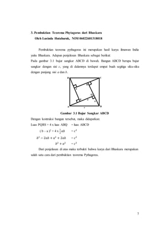 7
3. Pembuktian Teorema Phytagoras dari Bhaskara
Oleh Lusinda Hutahuruk, NIM 06022681318018
Pembuktian teorema pythagoras ini merupakan hasil karya ilmuwan India
yaitu Bhaskara. Adapun penjelesan Bhaskara sebagai berikut:
Pada gambar 3.1 bujur sangkar ABCD di bawah. Bangun ABCD berupa bujur
sangkar dengan sisi c, yang di dalamnya terdapat empat buah segitiga siku-siku
dengan panjang sisi a dan b.
Gambar 3.1 Bujur Sangkar ABCD
Dengan kontruksi bangun tersebut, maka didapatkan:
Luas PQRS + 4 x luas ABQ = luas ABCD
( b – a )2 + 4 x
1
2
𝑎𝑏 = 𝑐2
𝑏2
− 2𝑎𝑏 + 𝑎2
+ 2𝑎𝑏 = 𝑐2
𝑏2
+ 𝑎2
= 𝑐2
Dari penjelasan di atas maka terbukti bahwa karya dari Bhaskara merupakan
salah satu cara dari pembuktian teorema Pythagoras.
 