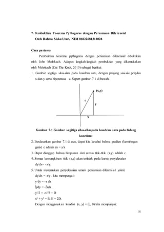 14
7. Pembuktian Teorema Pythagoras dengan Persamaan Diferensial
Oleh Rahma Siska Utari, NIM 06022681318028
Cara pertama
Pembuktian teorema pythagoras dengan persamaan diferensial dibuktikan
oleh John Molokach. Adapun langkah-langkah pembuktian yang dikemukakan
oleh Molokach (Cut The Knot, 2010) sebagai berikut:
1. Gambar segitiga siku-siku pada kuadran satu, dengan panjang sisi-sisi penyiku
x dan y serta hipotenusa c. Sepert gambar 7.1 di bawah.
Gambar 7.1 Gambar segitiga siku-siku pada kuadran satu pada bidang
koordinat
2. Berdasarkan gambar 7.1 di atas, dapat kita ketahui bahwa gradien (kemiringan
garis) c adalah m = y/x
3. Dapat dianggap bahwa himpunan dari semua titik-titik (x,y) adalah c
4. Semua kemungkinan titik (x,y) akan terletak pada kurva penyelesaian
dy/dx= -x/y.
5. Untuk menemukan penyelesaian umum persamaan diferensial yakni:
dy/dx =-x/y , kita mempunyai:
y dy = -x dx
∫ydy = -∫xdx
y²/2 = -x²/2 + D
x² + y² = E; E = 2D.
Dengan menggunakan kondisi (x, y) = (c, 0) kita mempunyai:
x
c
y
. (x,y)
 