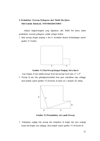 22
9. Pembuktian Teorema Pythagoras dari Thabit Ibn Qurra
Oleh Lukluk Khuriyati, NIM 06022681318031
Adapun langkah-langkah yang digunakan oleh Thabit Ibn Qurra dalam
pembuktian teorema pythagoras adalah sebagai berikut:
1. Buat persegi dengan panjang a dan b, kemudian disusun berdampingan seperti
gambar 9.1 berikut.
Gambar 9.1 Dua Persegi dengan Panjang Sisi a dan b
Luas bangun di atas adalah persegi besar dan persegi kecil yaitu 𝑎2
+ 𝑏2
2. Persegi di atas kita gabungkan,kemudian buat garis sedemikian rupa sehingga
akan tampak seperti gambar 9.2 di bawah, di mana sisi c menjadi sisi miring.
Gambar 9.2 Penambahan sisi c pada Persegi
3. Selanjutnya segitiga kita potong dan tempatkan di bagian lain yatu samping
kanan dan bagian atas sehingga akan tampak seperti gambar 9.3 di bawah ini
 