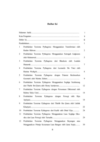 iii
Daftar Isi
Halaman Judul................................................................................................ i
Kata Pengantar................................................................................................ ii
Daftar Isi......................................................................................................... iii
Pendahuluan.................................................................................................... 1
1 Pembuktian Teorema Pythagoras Menggunakan Transformasi oleh
Ruslan Ridwan....................................................................................... 2
2 Pembuktian Teorema Pythagoras Menggunakan Setengah Lingkaran
oleh Rahmawati...................................................................................... 5
3 Pembuktian Teorema Pythagoras dari Bhaskara oleh Lusinda
Hutauruk................................................................................................. 7
4 Pembuktian Teorema Pythagoras dari Leonardo Da Vinci oleh
Risnina Wafiqoh..................................................................................... 8
5 Pembuktian Teorema Pythagoras dengan Putaran Berdasarkan
Geometri oleh Marina Zahara................................................................ 9
6 Pembuktian Teorema Pythagoras Menggunakan Segitiga Sembarang
dari Thabit Ibn Qurra oleh Henry kurniawan......................................... 12
7 Pembuktian Teorema Pythagoras dengan Persamaan Diferensial oleh
Rahma Siska Utari.................................................................................. 14
8 Pembuktian Teorema Pythagoras dengan Persegi oleh Riya
Apriyani.................................................................................................. 18
9 Pembuktian Teorema Pythagoras dari Thabib Ibn Qurra oleh Lukluk
Khuriyati................................................................................................ 22
10 Pembuktian Teorema Pythagoras dari Euclid oleh Dinal Ulya............. 24
11 Pembuktian Teorema Pythagoras Menggunakan Luas Segitiga Siku-
siku dan Luas Persegi oleh Tarsudin...................................................... 29
12 Pembuktian Teorema Pythagoras Menggunakan Bayangan atau
Menggunakan Prinsip Kesamaan Luas Bangun oleh Liana Septy......... 30
 
