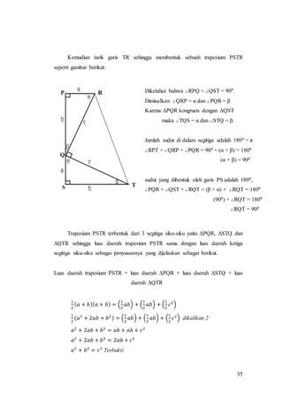 35
Kemudian tarik garis TR sehingga membentuk sebuah trapesium PSTR
seperti gambar berikut:
Trapesium PSTR terbentuk dari 3 segitiga siku-siku yaitu ΔPQR, ΔSTQ dan
ΔQTR sehingga luas daerah trapesium PSTR sama dengan luas daerah ketiga
segitiga siku-siku sebagai penyusunnya yang dijelaskan sebagai berikut.
Luas daerah trapesium PSTR = luas daerah ΔPQR + luas daerah ΔSTQ + luas
daerah ΔQTR
1
2
( 𝑎 + 𝑏)( 𝑎 + 𝑏) = (
1
2
𝑎𝑏) + (
1
2
𝑎𝑏) + (
1
2
𝑐2
)
1
2
(𝑎2
+ 2𝑎𝑏 + 𝑏2
) = (
1
2
𝑎𝑏) + (
1
2
𝑎𝑏) + (
1
2
𝑐2
) dikalikan 2
𝑎2
+ 2𝑎𝑏 + 𝑏2
= 𝑎𝑏 + 𝑎𝑏 + 𝑐2
𝑎2
+ 2𝑎𝑏 + 𝑏2
= 2𝑎𝑏 + 𝑐2
𝑎2
+ 𝑏2
= 𝑐2
Terbukti
Diketahui bahwa ∠RPQ = ∠QST = 900.
Dimisalkan ∠QRP = α dan ∠PQR = β
Karena ΔPQR kongruen dengan ΔQST
maka ∠TQS = α dan ∠STQ = β.
Jumlah sudut di dalam segitiga adalah 1800 = π
∠RPT + ∠QRP + ∠PQR = 900 + (α + β) = 1800
(α + β) = 900
sudut yang dibentuk oleh garis PS adalah 1800,
∠PQR + ∠QST + ∠RQT = (β + α) + ∠RQT = 1800
(900) + ∠RQT = 1800
∠RQT = 900
 