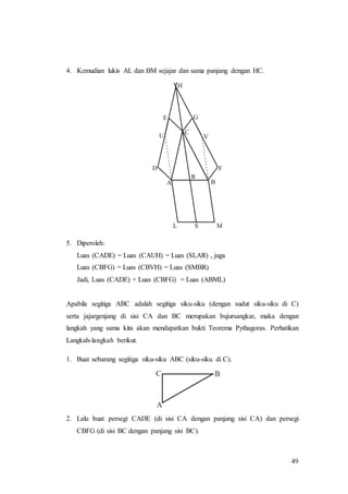 49
4. Kemudian lukis AL dan BM sejajar dan sama panjang dengan HC.
5. Diperoleh:
Luas (CADE) = Luas (CAUH) = Luas (SLAR) , juga
Luas (CBFG) = Luas (CBVH) = Luas (SMBR)
Jadi, Luas (CADE) + Luas (CBFG) = Luas (ABML)
Apabila segitiga ABC adalah segitiga siku-siku (dengan sudut siku-siku di C)
serta jajargenjang di sisi CA dan BC merupakan bujursangkar, maka dengan
langkah yang sama kita akan mendapatkan bukti Teorema Pythagoras. Perhatikan
Langkah-langkah berikut.
1. Buat sebarang segitiga siku-siku ABC (siku-siku di C).
2. Lalu buat persegi CADE (di sisi CA dengan panjang sisi CA) dan persegi
CBFG (di sisi BC dengan panjang sisi BC).
 