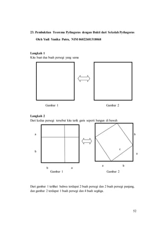 52
23. Pembuktian Teorema Pythagoras dengan Bukti dari Sekolah Pythagoras
Oleh Yudi Yunika Putra, NIM 06022681318068
Langkah 1
Kita buat dua buah persegi yang sama
Langkah 2
Dari kedua persegi tersebut kita tarik garis seperti bangun di bawah
Dari gambar 1 terlihat bahwa terdapat 2 buah persegi dan 2 buah persegi panjang,
dan gambar 2 terdapat 1 buah persegi dan 4 buah segitiga.
Gambar 1 Gambar 2
b
b
a
a
b
b
Gambar 1 Gambar 2
a
a
c
 