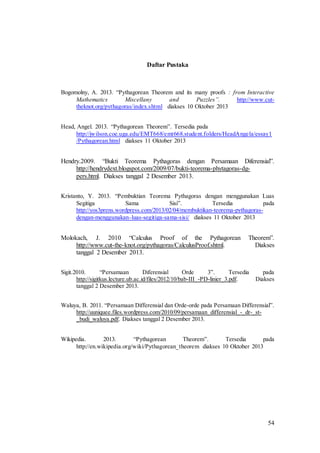 54
Daftar Pustaka
Bogomolny, A. 2013. “Pythagorean Theorem and its many proofs : from Interactive
Mathematics Miscellany and Puzzles”. http://www.cut-
theknot.org/pythagoras/index.shtml diakses 10 Oktober 2013
Head, Angel. 2013. “Pythagorean Theorem”. Tersedia pada
http://jwilson.coe.uga.edu/EMT668/emt668.student.folders/HeadAngela/essay1
/Pythagorean.html diakses 11 Oktober 2013
Hendry.2009. “Bukti Teorema Pythagoras dengan Persamaan Diferensial”.
http://hendrydext.blogspot.com/2009/07/bukti-teorema-phytagoras-dg-
pers.html. Diakses tanggal 2 Desember 2013.
Kristanto, Y. 2013. “Pembuktian Teorema Pythagoras dengan menggunakan Luas
Segitiga Sama Sisi”. Tersedia pada
http://yos3prens.wordpress.com/2013/02/04/membuktikan-teorema-pythagoras-
dengan-menggunakan-luas-segitiga-sama-sisi/ diakses 11 Oktober 2013
Molokach, J. 2010 “Calculus Proof of the Pythagorean Theorem”.
http://www.cut-the-knot.org/pythagoras/CalculusProof.shtml. Diakses
tanggal 2 Desember 2013.
Sigit.2010. “Persamaan Diferensial Orde 3”. Tersedia pada
http://sigitkus.lecture.ub.ac.id/files/2012/10/bab-III_-PD-linier_3.pdf. Diakses
tanggal 2 Desember 2013.
Waluya, B. 2011. “Persamaan Differensial dan Orde-orde pada Persamaan Differensial”.
http://uuniquee.files.wordpress.com/2010/09/persamaan_differensial_-_dr-_st-
_budi_waluya.pdf. Diakses tanggal 2 Desember 2013.
Wikipedia. 2013. “Pythagorean Theorem”. Tersedia pada
http://en.wikipedia.org/wiki/Pythagorean_theorem diakses 10 Oktober 2013
 