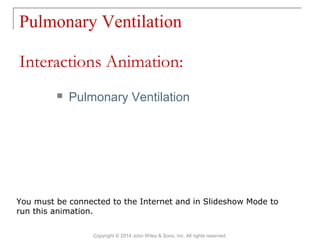 Pulmonary Ventilation
Copyright © 2014 John Wiley & Sons, Inc. All rights reserved.
 Pulmonary Ventilation
Interactions Animation:
You must be connected to the Internet and in Slideshow Mode to
run this animation.
 