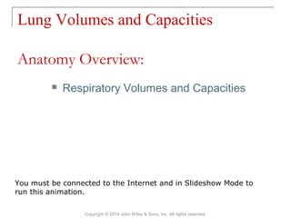 Lung Volumes and Capacities
Copyright © 2014 John Wiley & Sons, Inc. All rights reserved.
 Respiratory Volumes and Capacities
Anatomy Overview:
You must be connected to the Internet and in Slideshow Mode to
run this animation.
 
