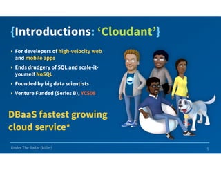 Under The Radar (Miller)
{Introductions: ‘Cloudant’}
‣ For developers of high-velocity web
and mobile apps
‣ Ends drudgery of SQL and scale-it-
yourself NoSQL
‣ Founded by big data scientists
‣ Venture Funded (Series B), YCS08
5
DBaaS fastest growing
cloud service*
 