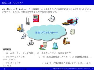 M2Mとは（その１）

M2M（Machine To Machine）とは機械同士が人手を介さずに自律的に相互に通信を行うためのコ
ンセプト、または、それを実現するための技術の総称です。




                   M 2M プラ ト ォーム
                          ッ フ




適用範囲
・ ホームオートメーション分野 ： ホームセキュリティ、家電制御など
・ テレマティクス分野          ： ITS（高度道路交通システム）、EV（電動輸送機器）、
カーナビなど
・ テレメトリ分野              ： エレベータ等の機器の遠隔メンテナンス、ヘルス
ケアなど
 2                            All Rights Reserved, Copyright © 2012 Science Information Systems Co., Ltd.
 