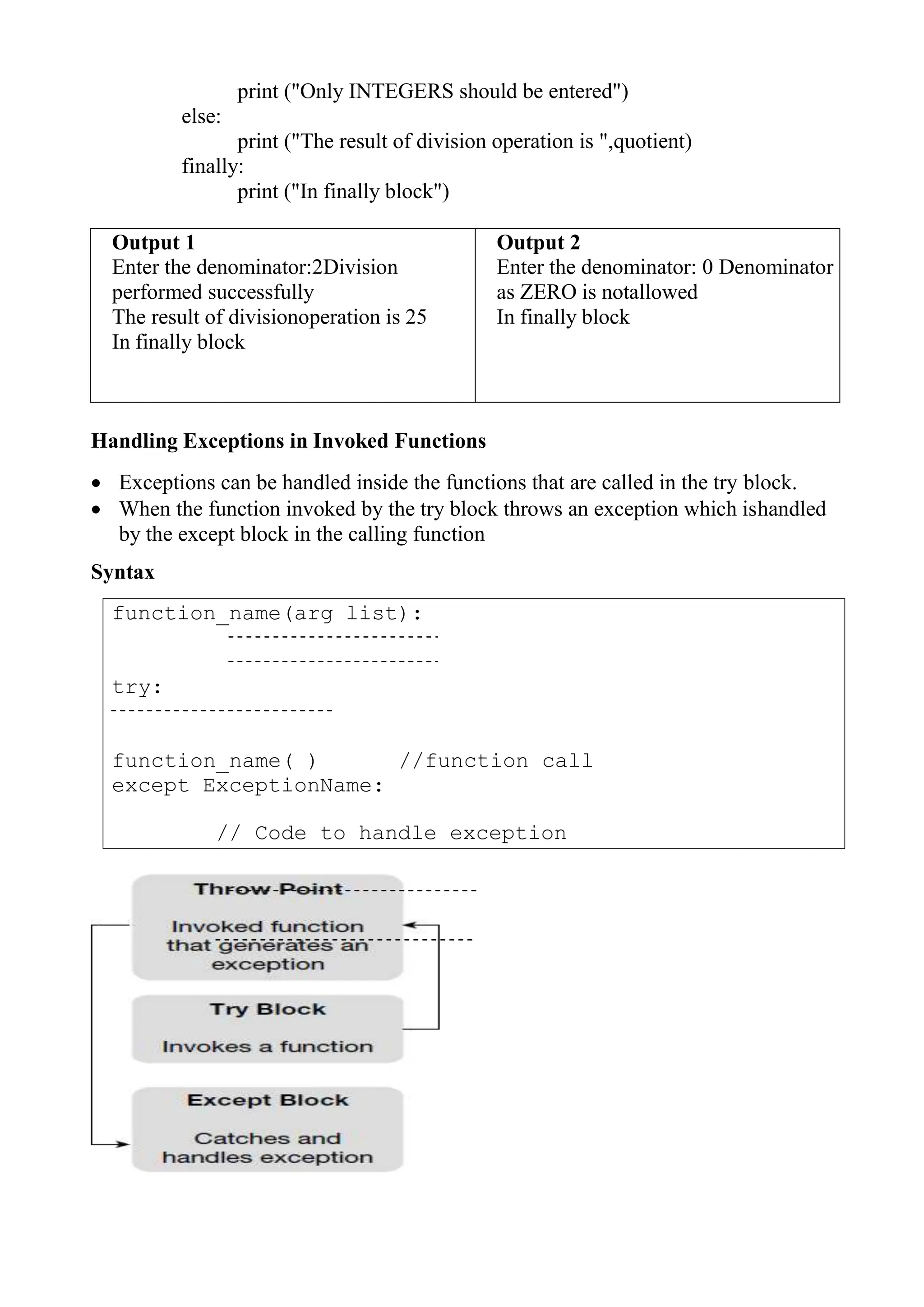 function_name(arg list):
try:
function_name( ) //function call
except ExceptionName:
// Code to handle exception
print ("Only INTEGERS should be entered")
else:
print ("The result of division operation is ",quotient)
finally:
print ("In finally block")
Output 1
Enter the denominator:2Division
performed successfully
The result of divisionoperation is 25
In finally block
Output 2
Enter the denominator: 0 Denominator
as ZERO is notallowed
In finally block
Handling Exceptions in Invoked Functions
 Exceptions can be handled inside the functions that are called in the try block.
 When the function invoked by the try block throws an exception which ishandled
by the except block in the calling function
Syntax
 