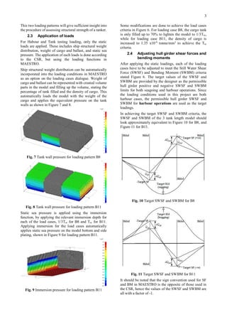 3
This two loading patterns will give sufficient insight into
the procedure of assessing structural strength of a tanker.
2.3 Application of loads
For Habour and Tank testing loading, only the static
loads are applied. These includes ship structural weight
distribution, weight of cargo and ballast, and static sea
pressure. The application of each loads is done according
to the CSR, but using the loading functions in
MAESTRO.
Ship structural weight distribution can be automatically
incorporated into the loading conditions in MAESTRO
as an option on the loading cases dialogue. Weight of
cargo and ballast can be represented with created volume
parts in the model and filling up the volume, stating the
percentage of tank filled and the density of cargo. This
automatically loads the model with the weight of the
cargo and applies the equivalent pressure on the tank
walls as shown in Figure 7 and 8.
Fig. 7 Tank wall pressure for loading pattern B8
Fig. 8 Tank wall pressure for loading pattern B11
Static sea pressure is applied using the immersion
function, by applying the relevant immersion depth for
each of the load cases, 1/3Tsc for B8 and Tsc for B11.
Applying immersion for the load cases automatically
applies static sea pressure on the model bottom and side
plating, shown in Figure 9 for loading pattern B11.
Fig. 9 Immersion pressure for loading pattern B11
Some modifications are done to achieve the load cases
criteria in Figure 6. For loading case B8, the cargo tank
is only filled up to 70% to lighten the model to 1/3Tsc,
while for loading case B11, the density of cargo is
increased to 1.35 x10-9
tonne/mm3
to achieve the Tsc
criteria.
2.4 Adjusting hull girder shear forces and
bending moments
After applying the static loadings, each of the loading
cases have to be adjusted to meet the Still Water Shear
Force (SWSF) and Bending Moment (SWBM) criteria
stated Figure 6. The target values of the SWSF and
SWBM are provided by the designer as the permissible
hull girder positive and negative SWSF and SWBM
limits for both seagoing and harbour operations. Since
the loading conditions used in this project are both
harbour cases, the permissible hull girder SWSF and
SWBM for harbour operations are used as the target
loadings.
In achieving the target SWSF and SWBM criteria, the
SWSF and SWBM of the 3 tank length model should
look approximately equivalent to Figure 10 for B8, and
Figure 11 for B11.
Fig. 10 Target SWSF and SWBM for B8
Fig. 11 Target SWSF and SWBM for B11
It should be noted that the sign convention used for SF
and BM in MAESTRO is the opposite of those used in
the CSR, hence the values of the SWSF and SWBM are
all with a factor of -1.
 