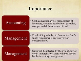 Importance
–Marketing –
• For deciding whether to finance the firm's
funds requirements aggressively or
conservatively.
Accounting
• Cash conversion cycle, management of
inventory, accounts receivables, payables,
receipts and disbursements of cash.
Management
• Sales will be affected by the availability of
credit to purchasers, sales will be affected
by the inventory management
Management
 