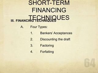 SHORT-TERM
FINANCING
TECHNIQUESIII. FINANCING TECHNIQUES
A. Four Types:
1. Bankers’ Acceptances
2. Discounting the draft
3. Factoring
4. Forfaiting
 