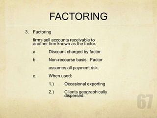 FACTORING
3. Factoring
firms sell accounts receivable to
another firm known as the factor.
a. Discount charged by factor
b. Non-recourse basis: Factor
assumes all payment risk.
c. When used:
1.) Occasional exporting
2.) Clients geographically
dispersed.
 