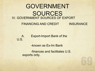 GOVERNMENT
SOURCES
IV. GOVERNMENT SOURCES OF EXPORT
FINANCING AND CREDIT INSURANCE
A. Export-Import Bank of the
U.S.
-known as Ex-Im Bank
-finances and facilitates U.S.
exports only.
 