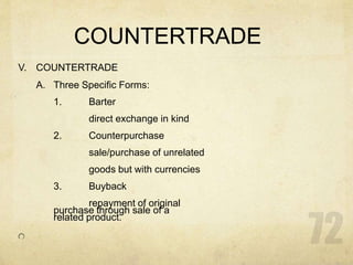 COUNTERTRADE
V. COUNTERTRADE
A. Three Specific Forms:
1. Barter
direct exchange in kind
2. Counterpurchase
sale/purchase of unrelated
goods but with currencies
3. Buyback
repayment of original
purchase through sale of a
related product.
 