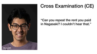 Cross Examination (CE)
“Can you repeat the rent you paid
in Nagasaki? I couldn’t hear that.”
Shota (AT)
 