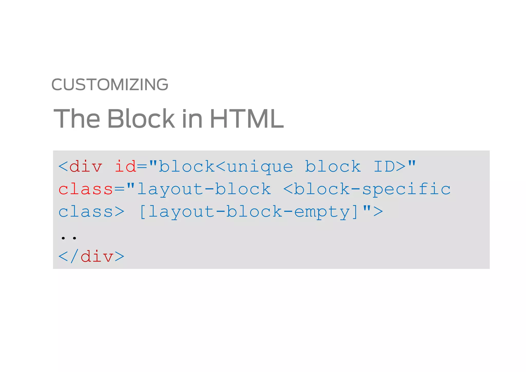 CUSTOMIZING

The Block in HTML
<div id="block<unique block ID>"
class="layout-block <block-specific
class> [layout-block-empty]">
..
</div>
 