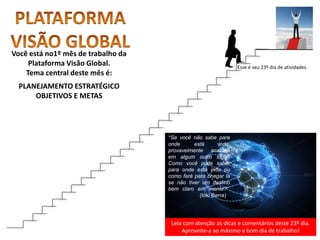 Leia com atenção as dicas e comentários deste 23º dia.
Aproveite-a ao máximo e bom dia de trabalho!
“Se você não sabe para
onde está indo,
provavelmente acabará
em algum outro lugar.
Como você pode saber
para onde está indo ou
como fará para chegar lá
se não tiver um destino
bem claro em mente?“
(Ioki Berra)
Você está no1º mês de trabalho da
Plataforma Visão Global.
Tema central deste mês é:
PLANEJAMENTO ESTRATÉGICO
OBJETIVOS E METAS
Esse é seu 23º dia de atividades.
 