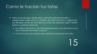 Como le hacían tus tatas


Visita a los abuelos, bisabuelos y demás parientes locales, y
pregúntales cuales eran sus hábitos de alimentación e higiene en
sus tiempos, antes de esta época y trata de apropiar algún habito
para tu cuidado personal.


Los hábitos alimenticios de ciertas generaciones han permitido el uso
de la herbolaria (remedios caseros)



Como le hacían las abuelas para quitarse las impurezas del rostro.

15

 